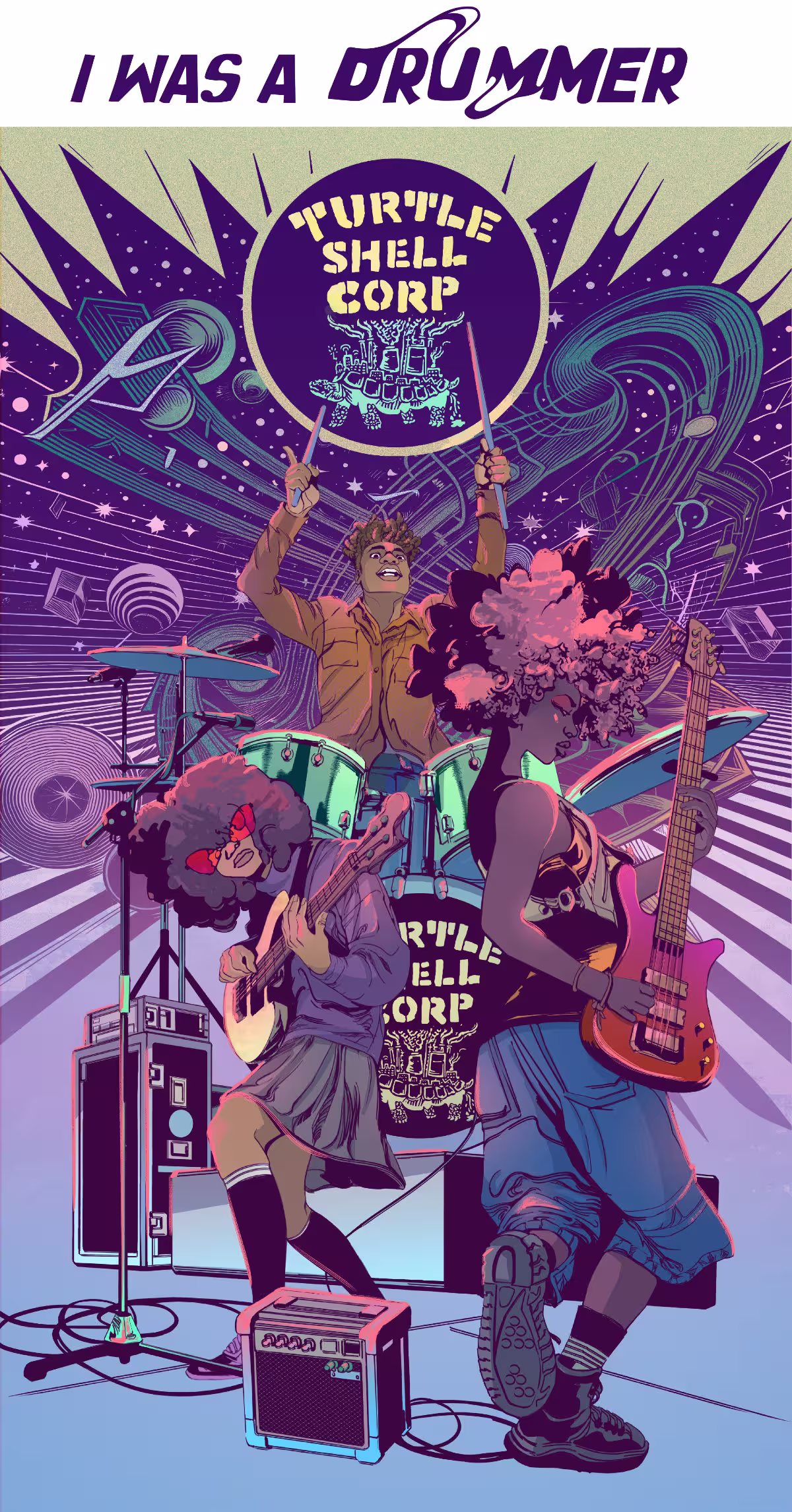 - Illustration showing a drummer and two guitarists surrounding by floating music shapes on a purple background. 