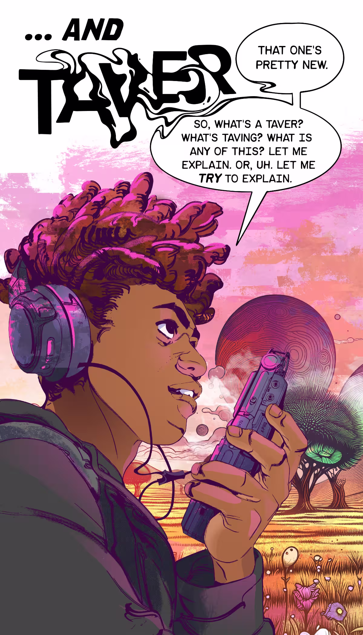 Illustration showing the side view of a male-presenting person with short locs wearing headphones and speaking into a radio.