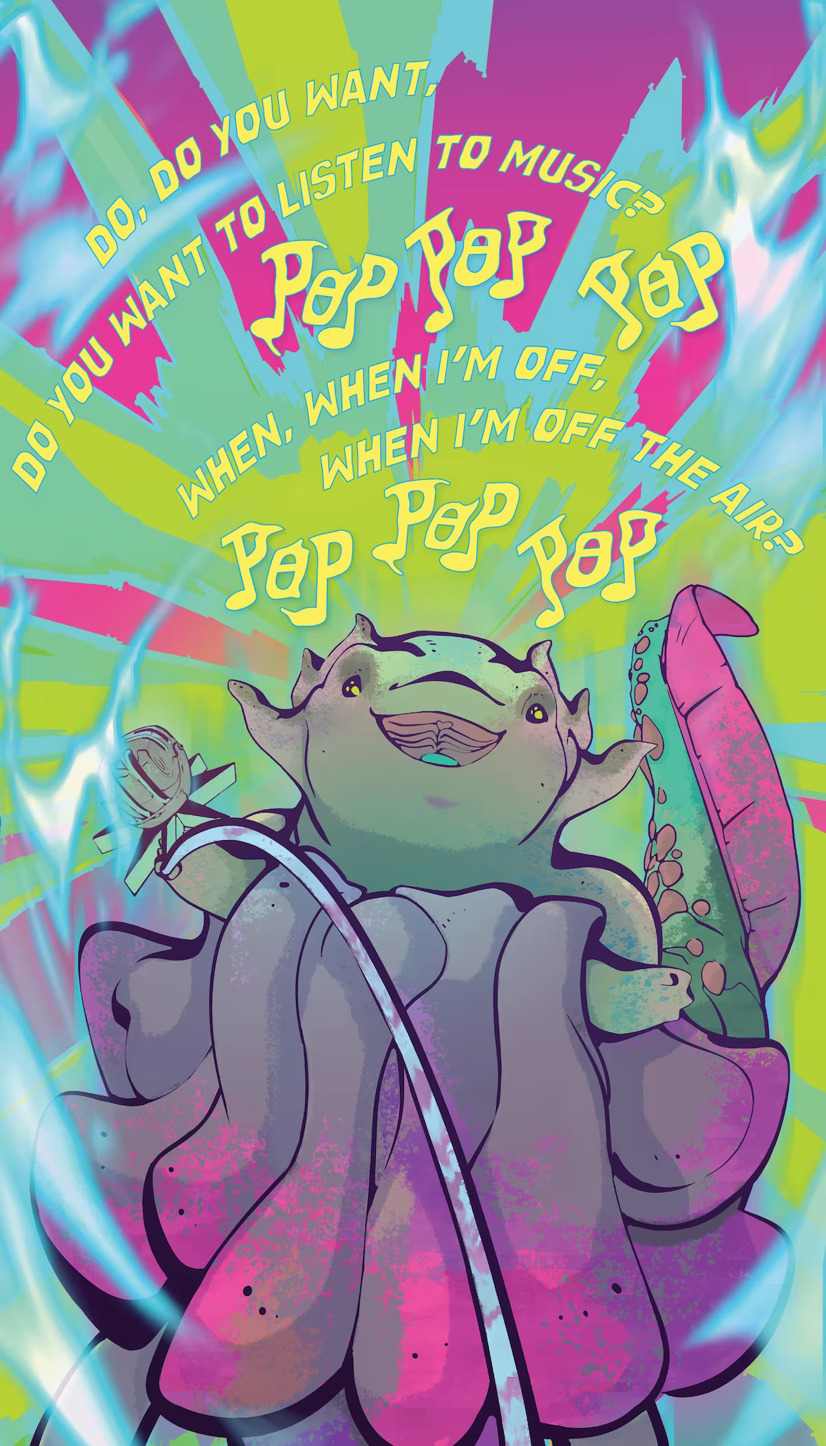 The fish creature continues singing, surrounded by bright colors. 