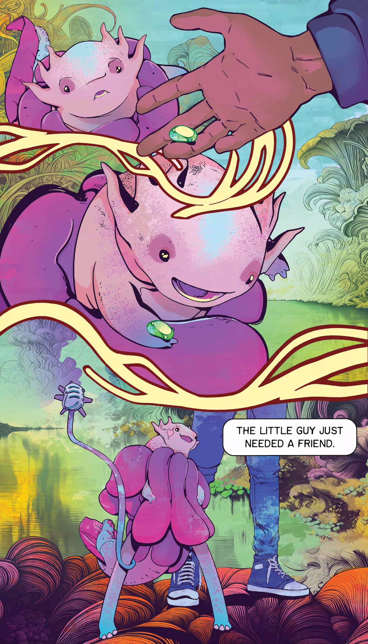 The person gives the fish creature a green gemstone.