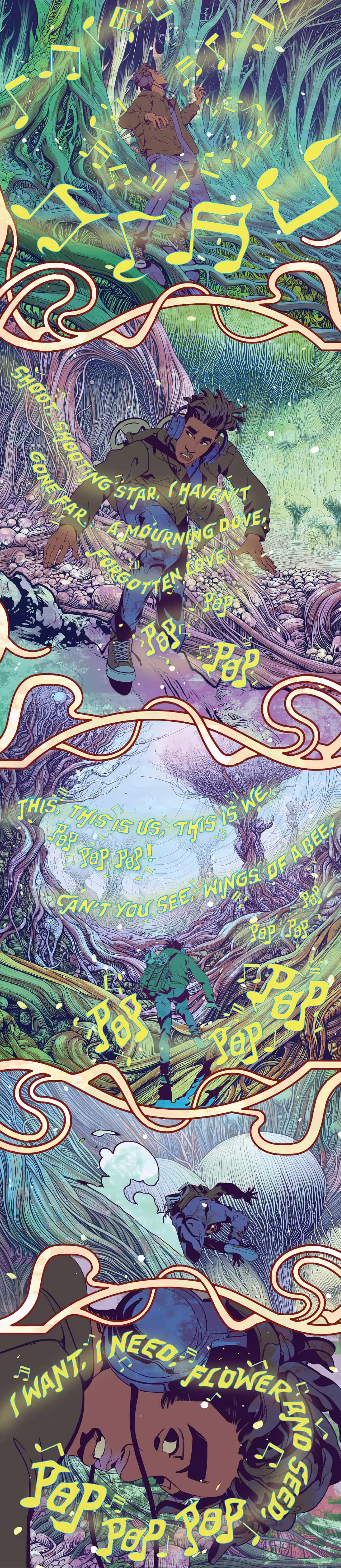 The person continues wandering through the strange forest, surrounded by music notes, trying to see where they come from. 