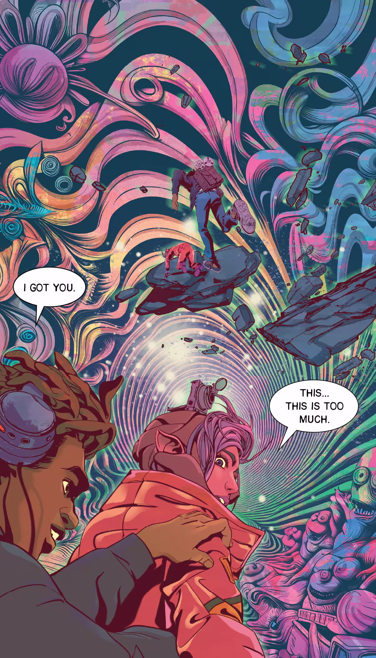 A male expressing person holds onto a female expressing alien person as they tunnel through the portal.
