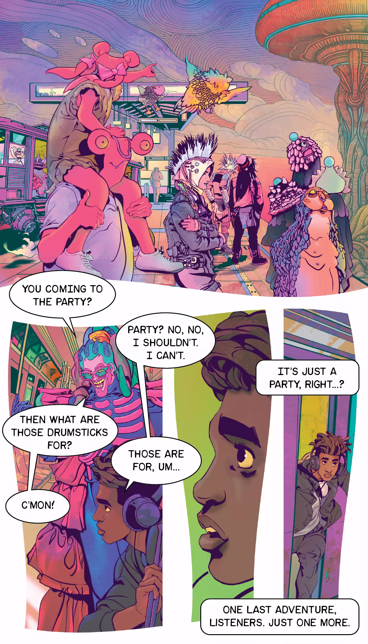 The train stops and the radio producer is invited to a party. 