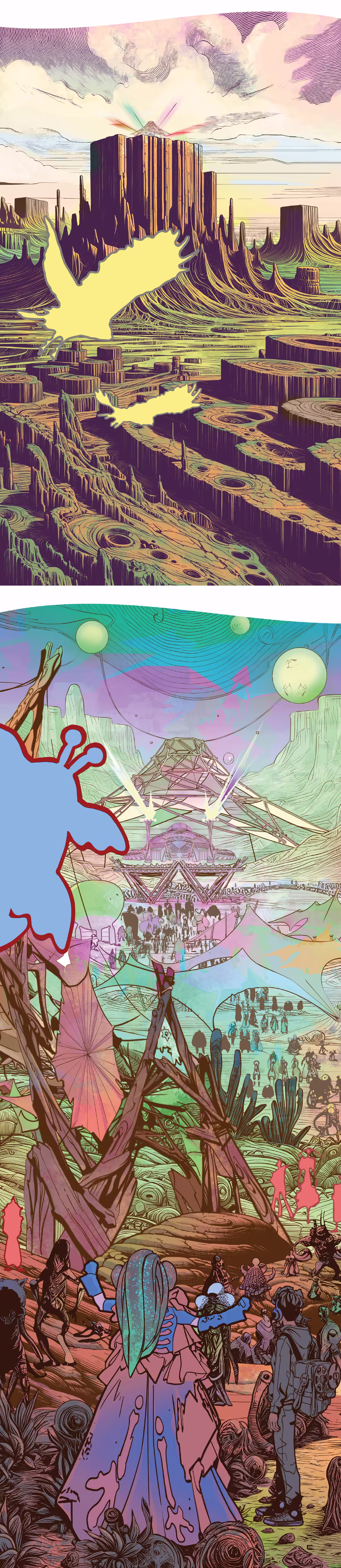 A mountain like shape beaming colorful lights stands on top of a large rock mesa in the distance. 